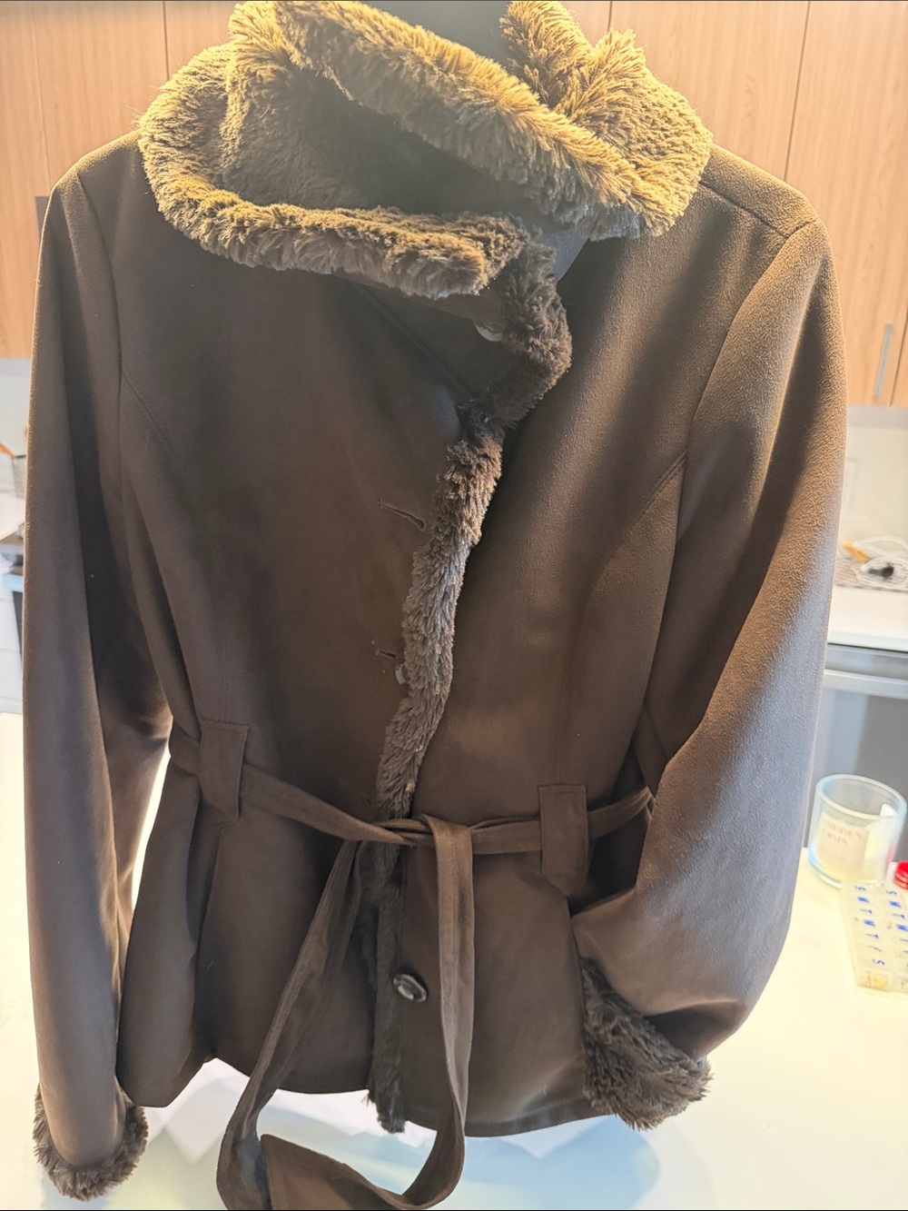 Jones New York Dark Brown Faux-Fur Trim Belted Trench Coat - Picture 2 of 2
